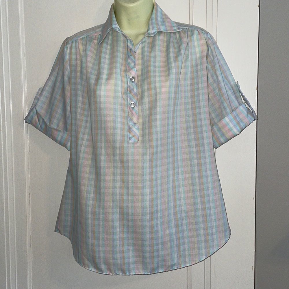 Vtg 70s Miss Personality pastel checked smock blouse